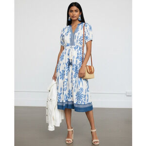 Pinch Coastal Comfort Blue White Floral Ikat Midi Dress Tassel Waist Size L NWT